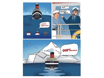 Corporate comics "Size doesn't matter" cartoon character comic comics design flat hand drawn iceberg illustration illustrator minimal modern ship vector web