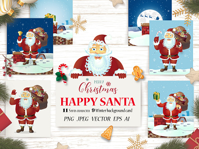 Happy Santa Merry Christmas Set background cartoon celebration character christmas claus collection cute design gift holiday illustration merry new santa set vector white winter year