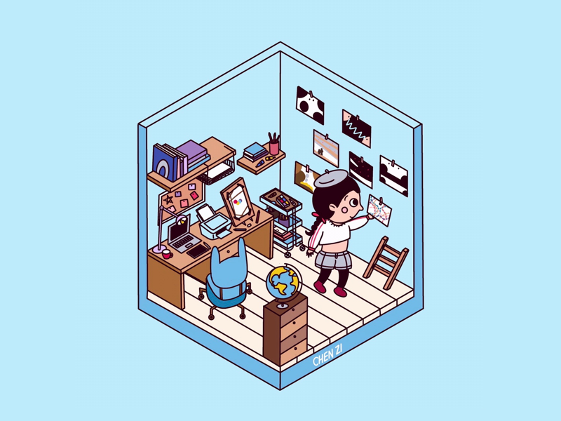 Drawing ladder easel tellurion chair laptop printer bookcase people digital drawing procreate illustration cartoon 2.5d