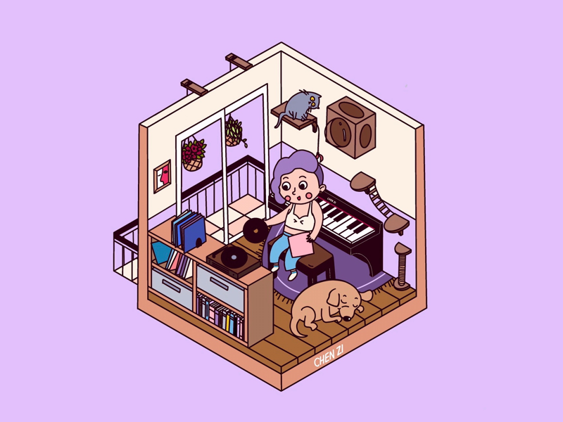 Relax for a while phonograph bookcase box cat dog flowerpot piano cat tree balcony procreate illustration cartoon 2.5d