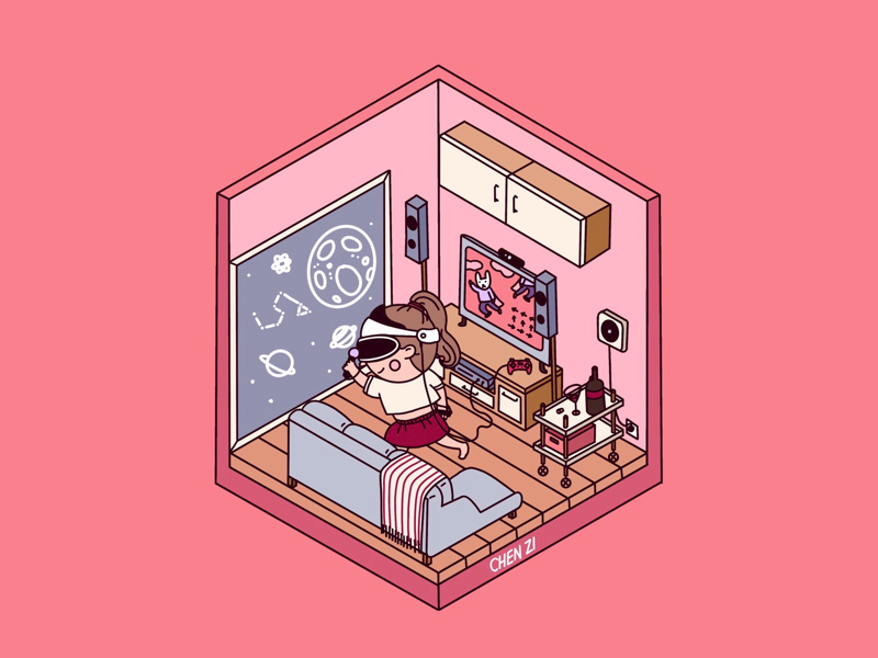 playing games game blanket sofa blackboard box red wine container vr tv audio people procreate illustration digital drawing cartoon 2.5d
