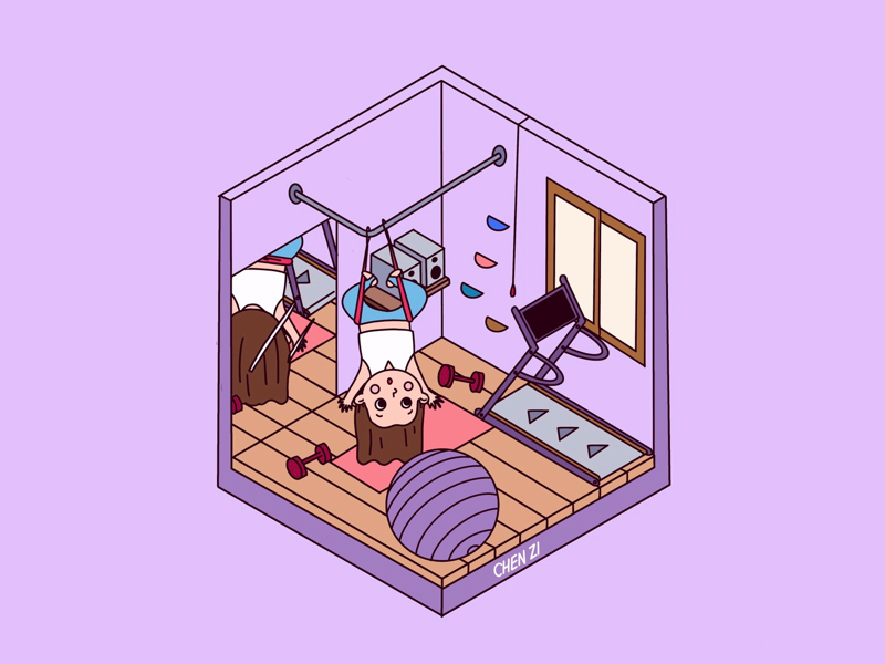 Do two hours yoga window ball dumbbell running machine audio mirror gym yoga people procreate illustration digital drawing cartoon 2.5d