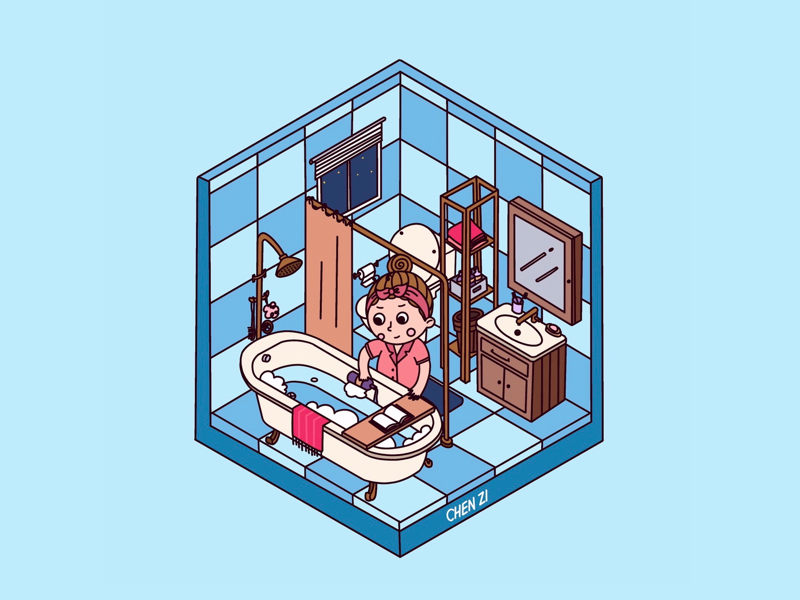 Take a bath sprinkler curtain toilet bathroom bathtub mirror people procreate illustration digital drawing cartoon 2.5d