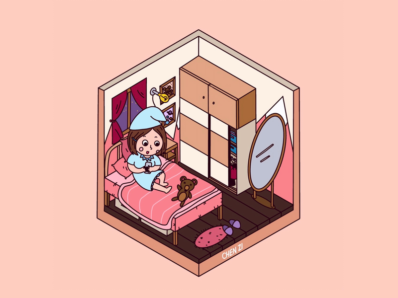 Sweet night clothes slippers curtain window paiting mirror wardrobe bed toy phone people procreate illustration digital drawing cartoon 2.5d