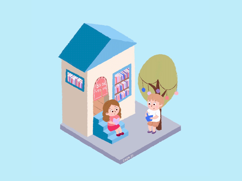 reading together people book store tree plant procreate illustration cartoon digital drawing 2.5d