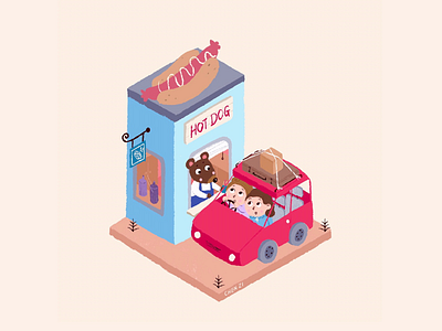 Hot dog station 2.5d animal bear car cartoon digital drawing hotdog illustration plant procreate prople