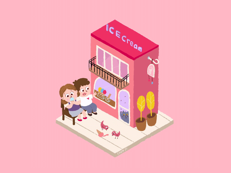 Ice cream day kitten cat bird plant icecream procreate illustration digital drawing cartoon 2.5d
