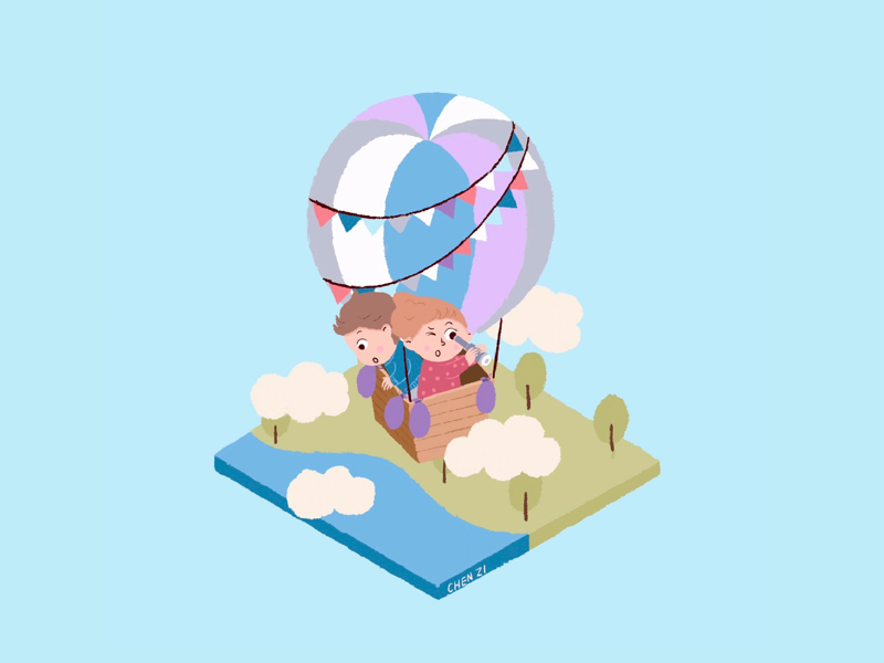 travel around the world cloud fire balloon ocean river plant procreate cartoon illustration digital drawing 2.5d
