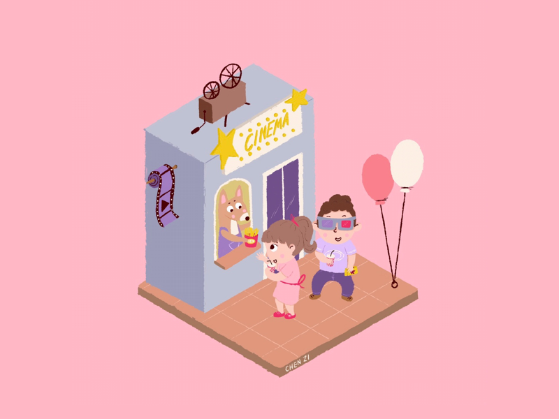 Go to the cinema animal cola fries kangaroo cinema balloon lovers people digital drawing procreate cartoon 2.5d illustration