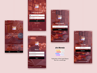 Exploration of the Login/Signup flow for a novels app design login logo mobile ui novels reading splashscreen ui ui ux ux