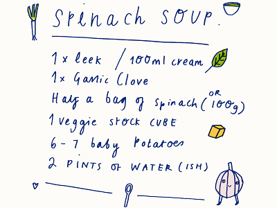 Spinach soup recipe digital hand drawn illustration lettering type