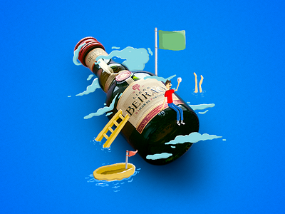 Licor Beirão bottle - Photography + illustration alcohol blue boat bottle dive drawing drinking illustration party summer