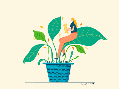 N reading on a leaf. character design design drawing flowers illustration reading woman