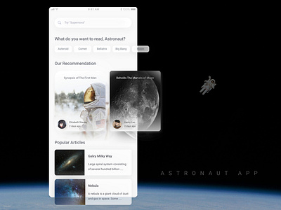 Astronaut App 🇺🇸🚀 app astronaut clean clean design cool earth galaxy mobile app moon nasa sci fi science space ui ux white