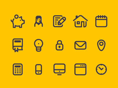 Icon Set Round Thick Line Yellow calculator house icon icons iconset lamp operator paper pen phone piggy