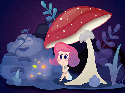 Illustration Little girl under the mushroom butterfly child illustration magic forest mushroom