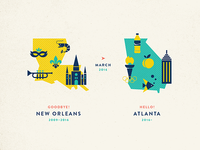 New Orleans to Atlanta atlanta coke georgia graphic design icons illustration map mardi gras new orleans peach trumpet