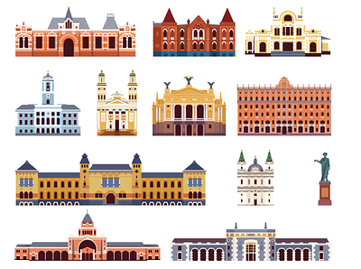 WOG Ukraine. Interactive map. Elements architecture buildings flat illustration simplistic vector