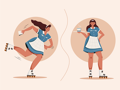waitress two character character design color cute cute personage dynamic pose girl illustration illustration 2d illustrator personage poses practice retro personage static vector vector personage waitress
