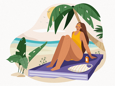 girl on the beach 2d art 2d character 2d personage beach cartoon character character design cute flat illustration girl illustration illustration 2d illustrator palm pants personage product summer texture vector
