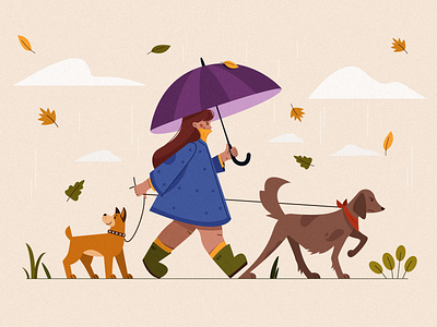 rainy day 2d illustration 2d personage adobe ilustrator android app design animals animals illustrated autumn character dog girl ios people rain texture vector illustration walk walking web website