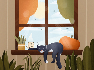 sunny day 2d illustration animals animals illustrated autumn cat character children book illustration cute illustration mobile october person plants product product design pumpkin room sunny textures