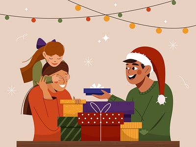 christmas gift character design cristmas cute family gift giftbox happy holliday homepage illustration 2d illustrator mobile new year people illustration personage presents product smile surprise vector
