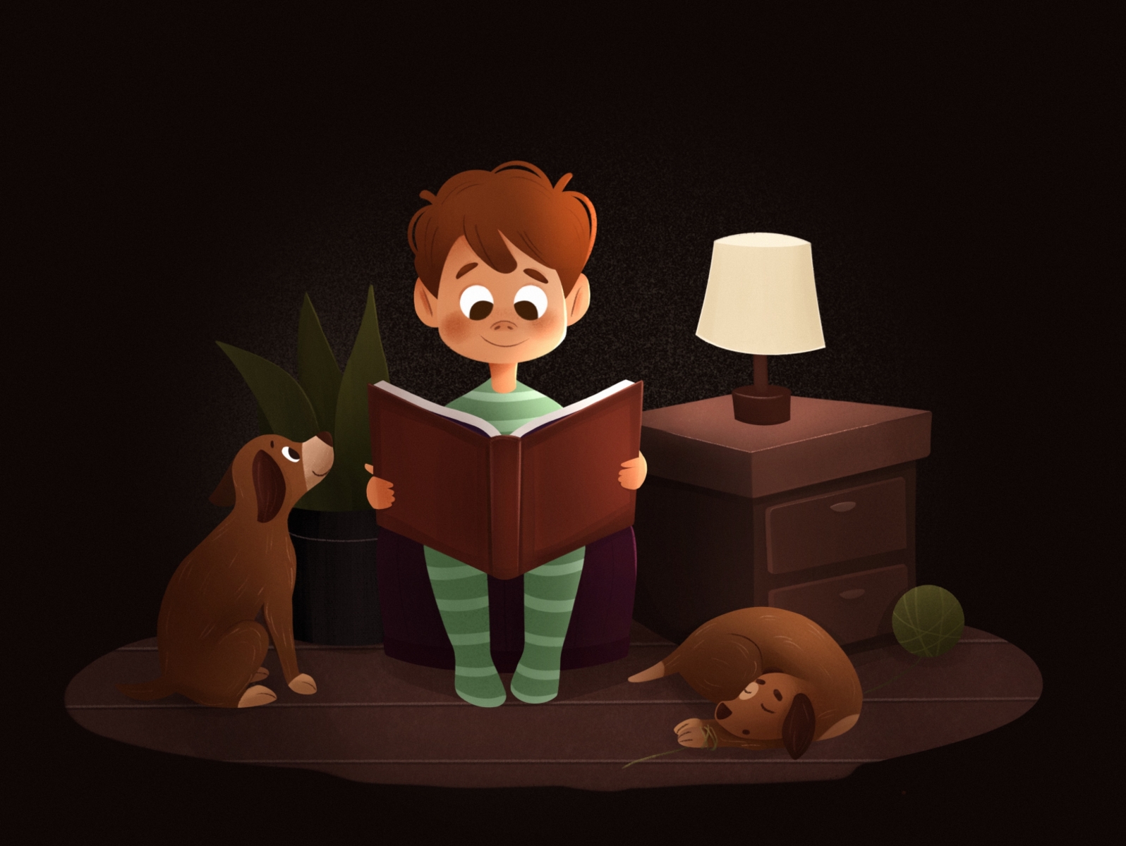 reading boy book illustration boy character children illustration cute dark room dog face illustration kids kids illustration light night room people illustration personage pets plants procreate puppy reading boy