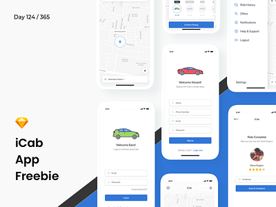 iCab - Cab Booking App UI Freebie | Day 124/365 - Project365 cab booking car booking freebie freebie friday ios mobile app project365 sketch sketch freebie