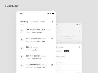 Borrow/Lending Tracker App | Day 220/365 - Project365 borrow log borrowing challenge daily ui design lending log project case study project365 sf pro display tracker wireframe wireframe wednesday