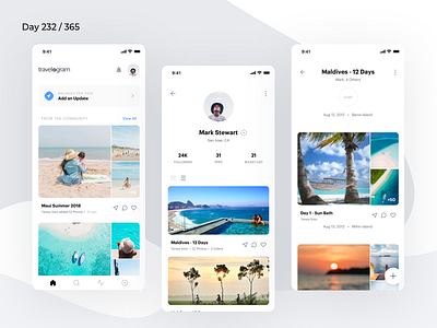 Minimal Travel Diary App Concept | Day 232/365 - Project365 daily ui design challenge ios ios11 itinerary creator minimal minimal monday mobile app project365 travel app travel diary travel itinerary travelog