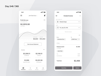 Invoice Generator App - Wireframe | Day 248/365 - Project365 app design business management daily ui design challenge finance invoice app invoice generator app invoicing app minimal mobile app mobile ux project365 ux wireframe wireframe wednesday
