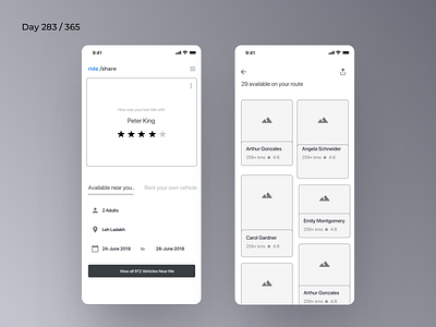 CarPooling App Wireframe | Day 283/365 - Project365 app design daily ui design challenge ios minimal mobile app mobile ux project365 ux wireframe wireframe wednesday