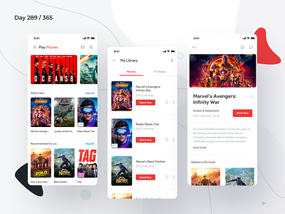 Google Play Movies App Redesign | Day 289/365 - Project365 android pie design challenge daily ui design challenge google play movies google play music ios material 2.0 material 2018 minimal mobile app mobile app redesign movies app play movies project365 redesign concept redesign tuesday sketch