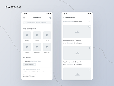 Hospital Finder App Wireframe | Day 297/365 - Project365 app design daily ui design challenge doctor finder app doctors health care healthcare hospital finder hospital tracker ios medical app minimal mobile app mobile ux project365 ux wireframe wireframe wednesday