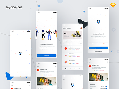 Coupons & Discounts App Freebie | Day 306/365 - Project365 challenge colorful coupons daily ui design challenge discounts discounts app free ui kit freebie freebie friday groupon ios iphone x mobile app offers app project365 shopping offers sketch sketch freebie ui kit