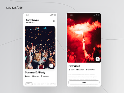PartySwype - Tinder Style App | Day 323/365 - Project365 daily ui design challenge ios ios11 ios12 minimal minimal monday minimal parties app mobile app mobile app nearby parties app parties app party project365 swipe tinder tinder style