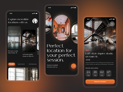 Photoshoot room rental app apartments app bloger booking dark theme location mobile modern photo photo session photographers photoshoot rental style typographic ui