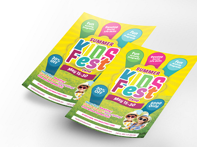 Kids Summer Fest Flyer activity ads adventure balloon blue camping camps cartoon chat college event family green holiday jungle junior kid kids magazine promotion