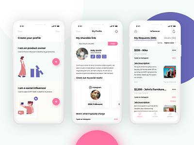 Market place app for Social Media Influencers app design influencer instagram job market marketplace pink social social app social media ui