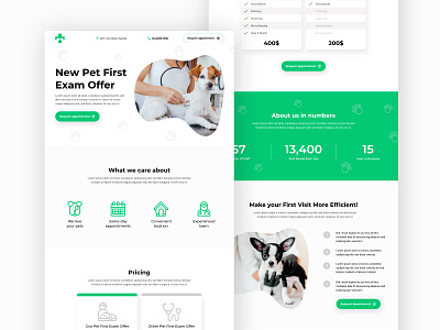 Daily Ui 003. Landing Page for a Veterinary Clinic clinic daily ui daily ui 003 dailyui design dog green icons landing landing page minimal pet pet care pet exam pets vet veterinary web web design website