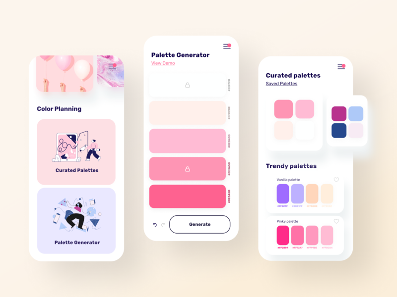 Color Palette Manager | Find, create, and view color palettes app app design color color palette colorful colors colorscheme creative manager minimal mobile palette palette generator palettes pink rad trendy ui