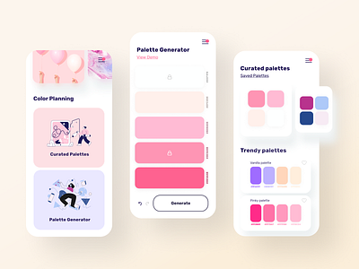 Color Palette Manager | Find, create, and view color palettes app app design color color palette colorful colors colorscheme creative manager minimal mobile palette palette generator palettes pink rad trendy ui