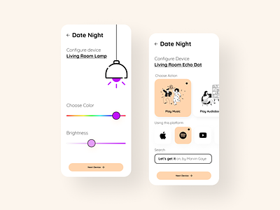 Mood setting app for your home through smart devices app color dailyui date design device devices echo home lamp lamps minimal mobile mood music scenario settings smart smarthome ui