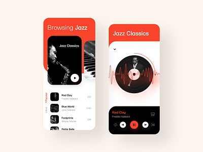 Jazz App Concept 🎷 classic color daily ui dailyui design jazz jazz app jazz festival jazzy minimal mobile music music app music player musician player red ui uiux vibe