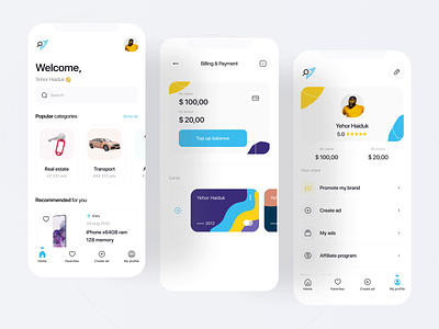 Marketplace app 👌 aftereffects animation app app design cards concept favorites flat homescreen interface ios minimal payment personal area profile ui ux visa