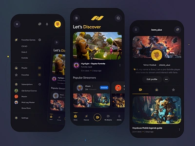 Streaming App app design boro concept design dota esport homescreen interface live menu minimal product design profile sick stream twitch ui ux video youtube