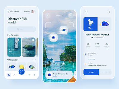 AR Fish Discover App app ar blue boro camera clean concept fish interface ios material minimal search technology travel ui uichallenge ux virtual tour vr