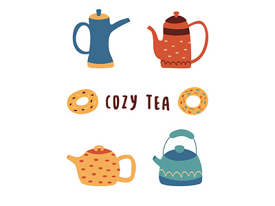 Set of cute teapots with donuts. Cozy tea vector