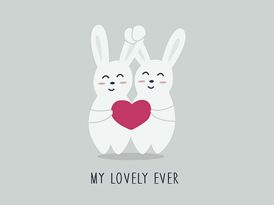 Cute couple of hares hold pink heart. Vector